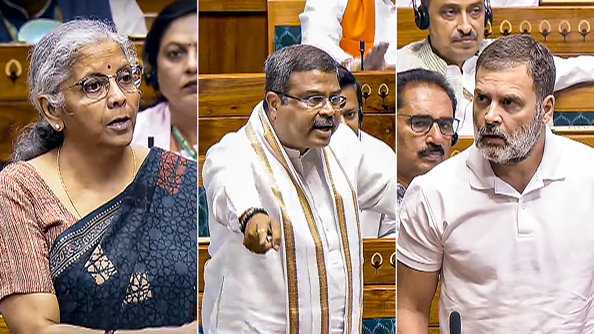 PTI : Monsoon Session in Parliament (L-R Fin Min Nirmala Sitharaman, Edu Min Dharmendra Pradhan, LoP Rahul Gandhi)